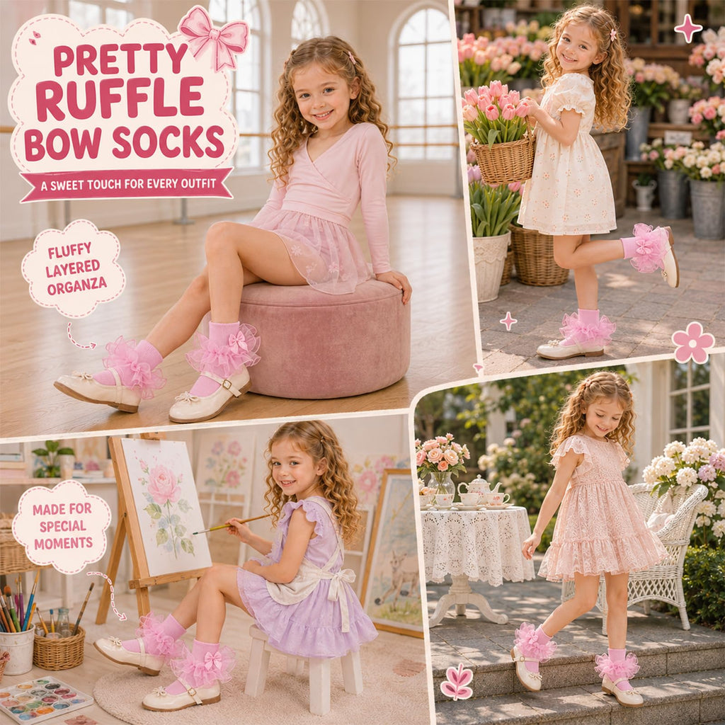 Calcetines Nina Volantes Encaje Tutu Doble Capa Lazo Cinta 3D Rosa Algodon Organza Princesa Boda Pascua (1 - 10T)