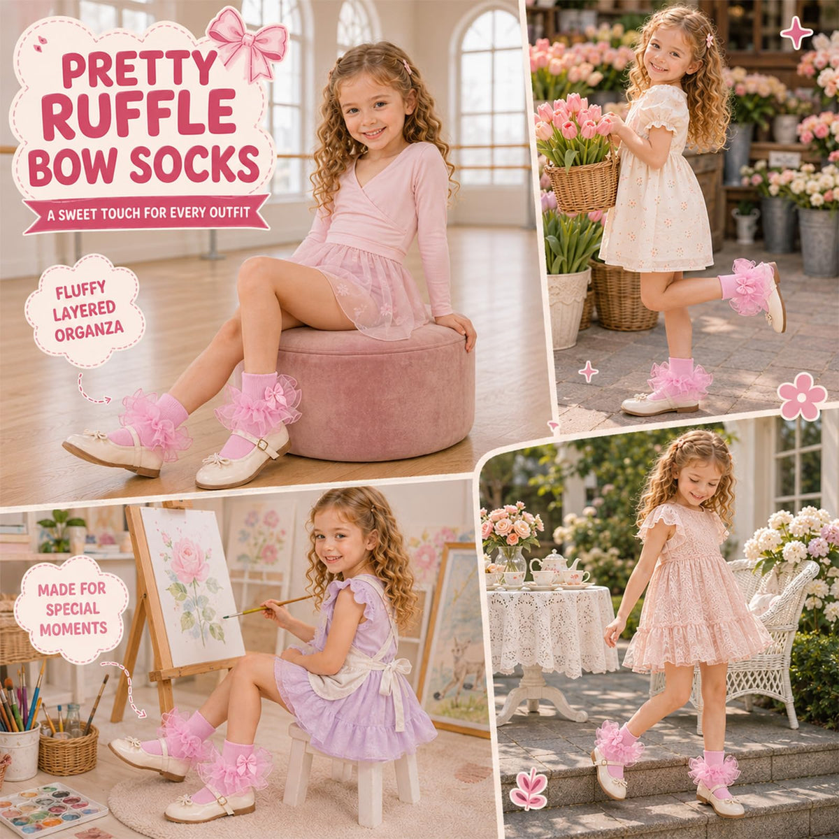 Calcetines Nina Volantes Encaje Tutu Doble Capa Lazo Cinta 3D Rosa Algodon Organza Princesa Boda Pascua (1 - 10T)