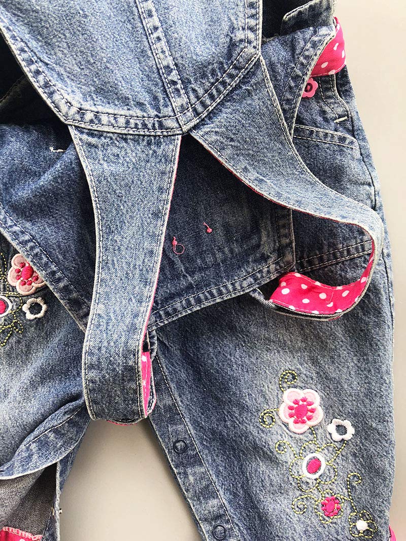 Overol Peto de Mezclilla Peacolate | Bordado Floral + Lazo Rosa Lunares | Denim | Niña/Bebé (3M-3A)