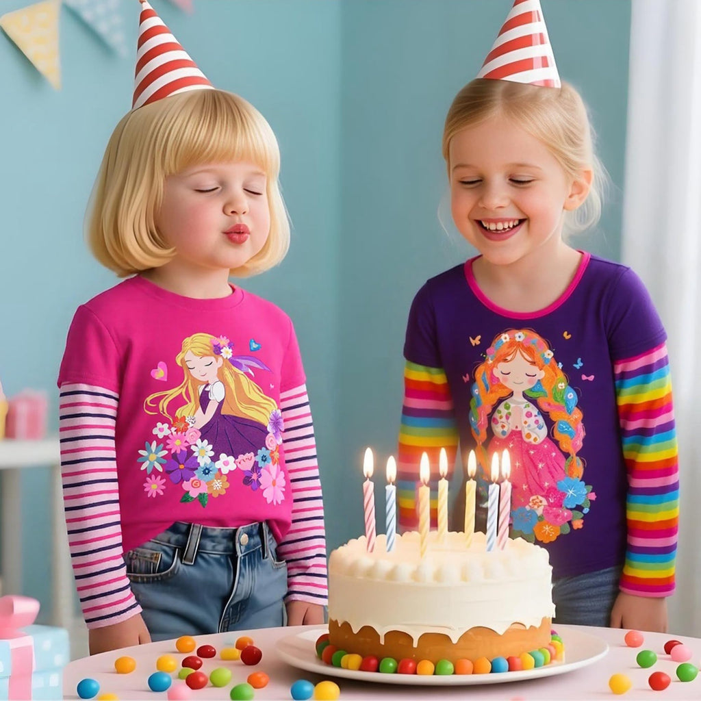 Top de Manga Larga con Princesa Floral para Niñas – Rosa Fucsia a Rayas, Algodón  (2-10 Años )