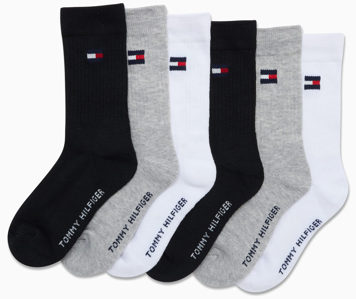 Tommy Hilfiger | Calcetines Niño Unisex Pack 6 Pares Crew Deportivos Surtido Negro Gris Blanco Logo Bandera (4 - 12T)