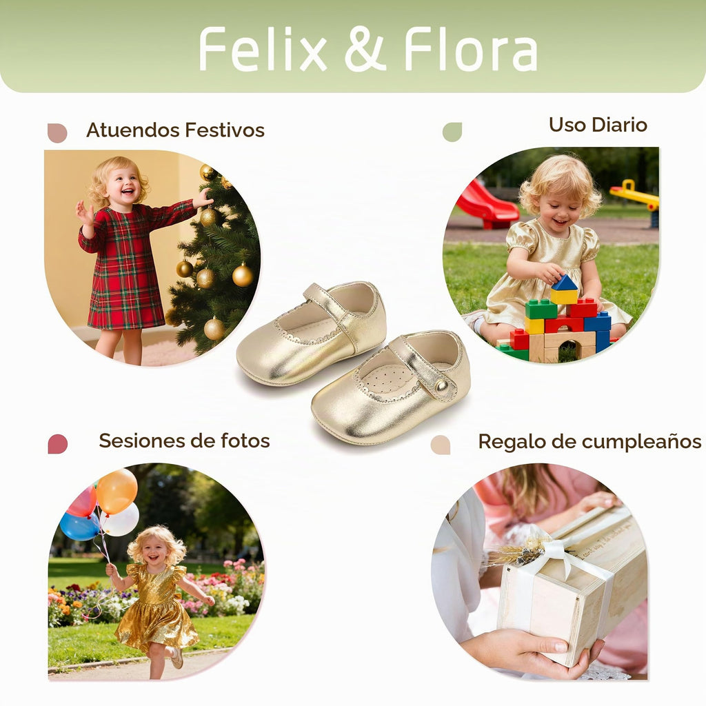 Zapatos de Vestir Antideslizantes de Suela Suave con Velcro para Bebé (Oro Brillante) – Félix & Flora