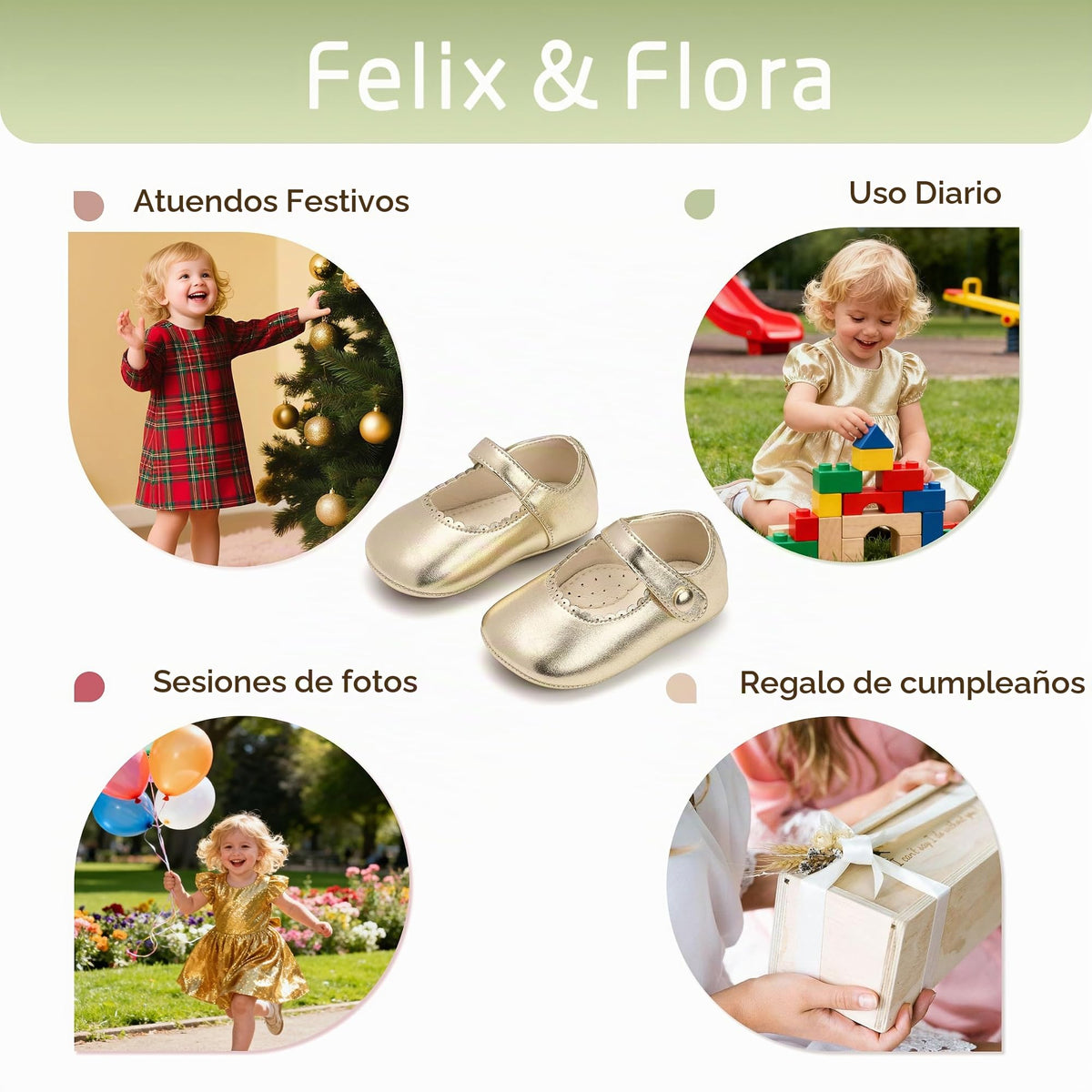 Zapatos de Vestir Antideslizantes de Suela Suave con Velcro para Bebé (Oro Brillante) – Félix & Flora