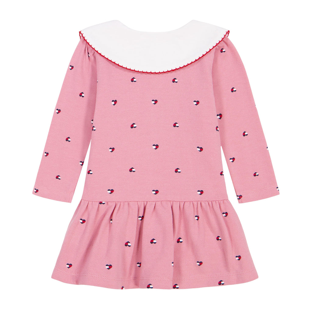 Tommy Hilfiger Vestido Polo Piqué Niña | Rosa Estampado Mini Logo TH • Cuello Peter Pan Blanco