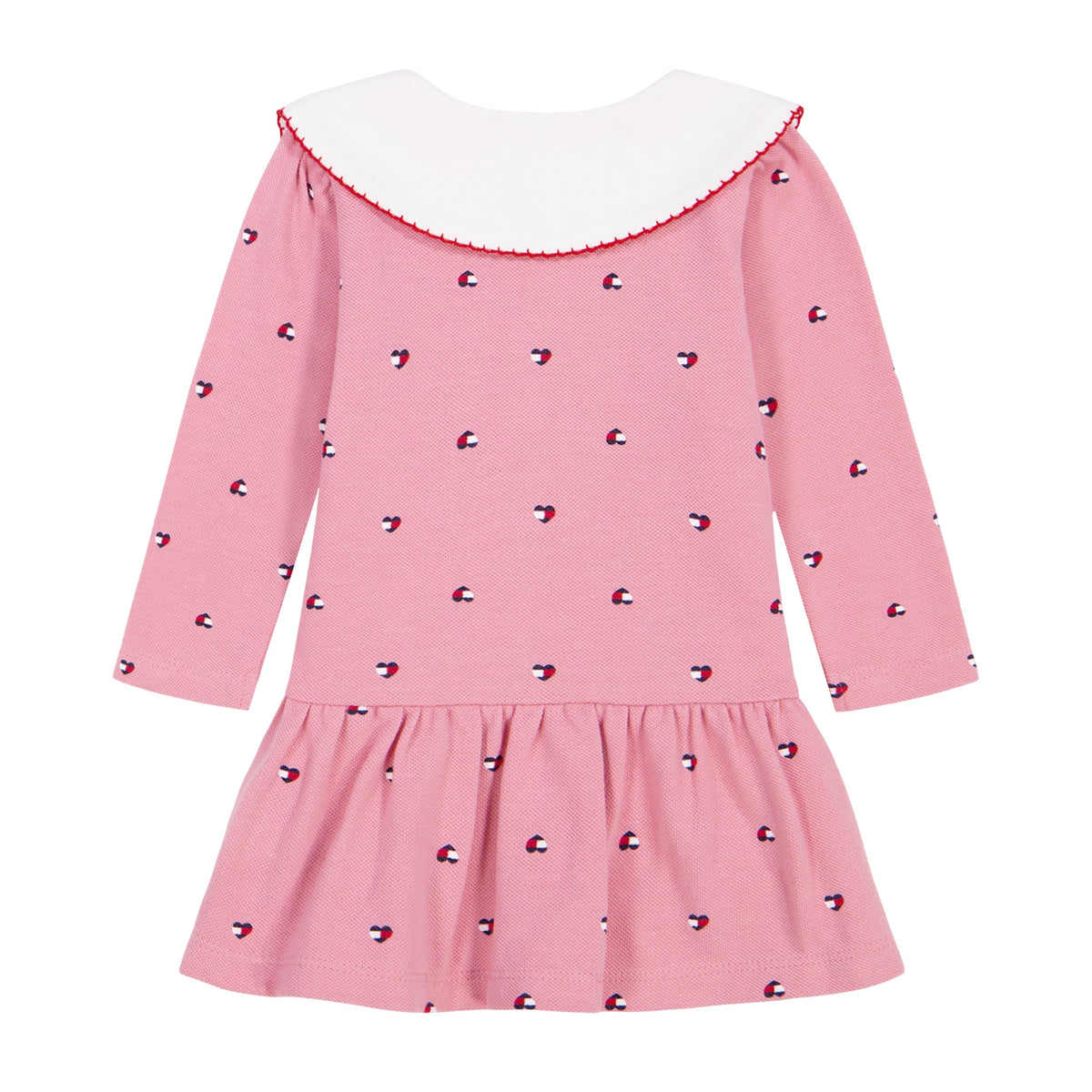 Tommy Hilfiger Vestido Polo Piqué Niña | Rosa Estampado Mini Logo TH • Cuello Peter Pan Blanco