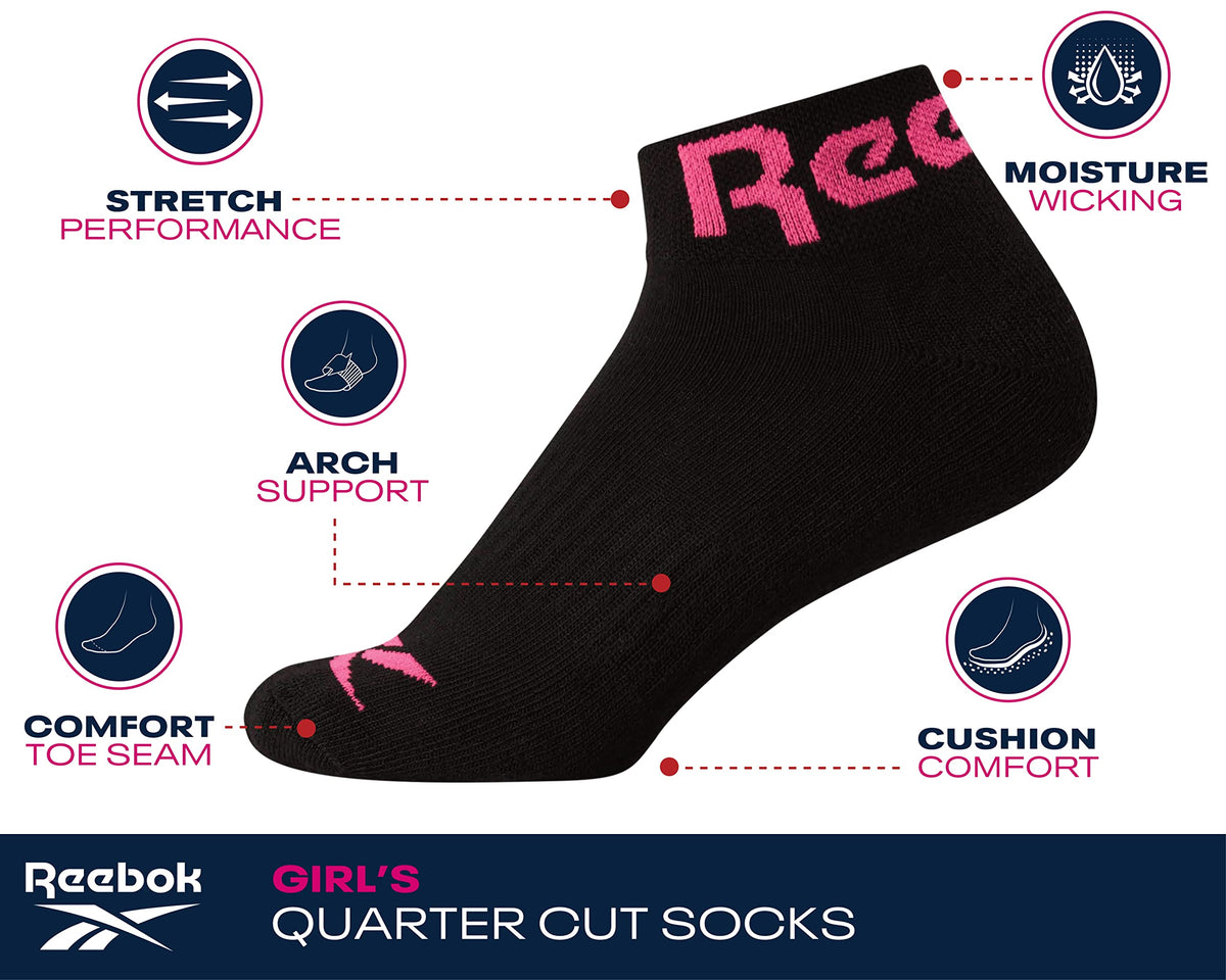 Reebok | Calcetines Niña Pack 12 Pares Quarter Deportivos Negro Logo Multicolor Absorbe Humedad Sin Costuras Talón Acolchado (4-12T)