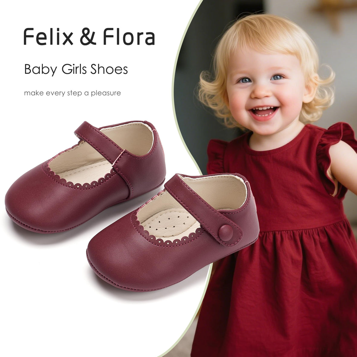 Zapatos de Vestir Antideslizantes de Suela Suave con Velcro para Bebé (Borgoña) – Félix & Flora