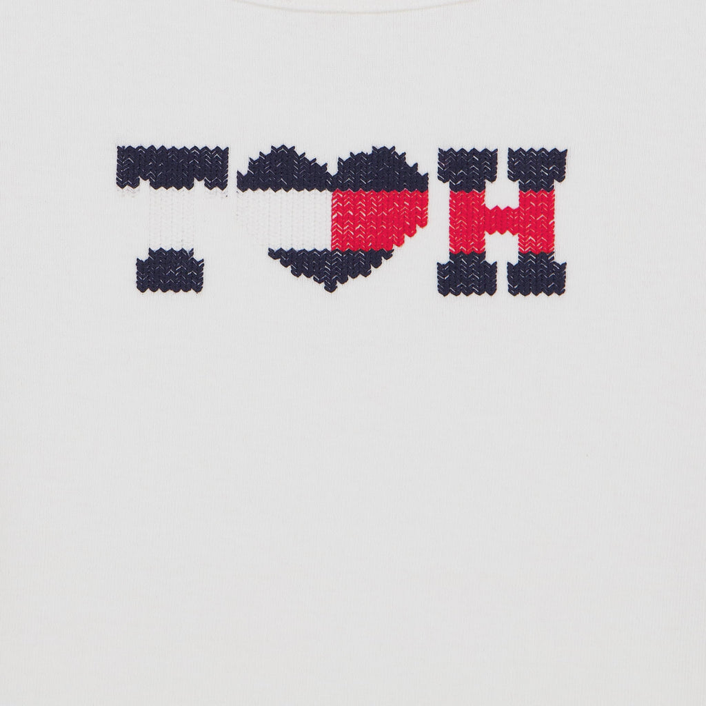 Tommy Hilfiger | Camiseta Nina Manga Corta | 100% Algodon | Cuello Redondo | Monograma T♥H Lentejuelas Navy + Rojo | Corte Ajustado | Blanco (7 - 16T)
