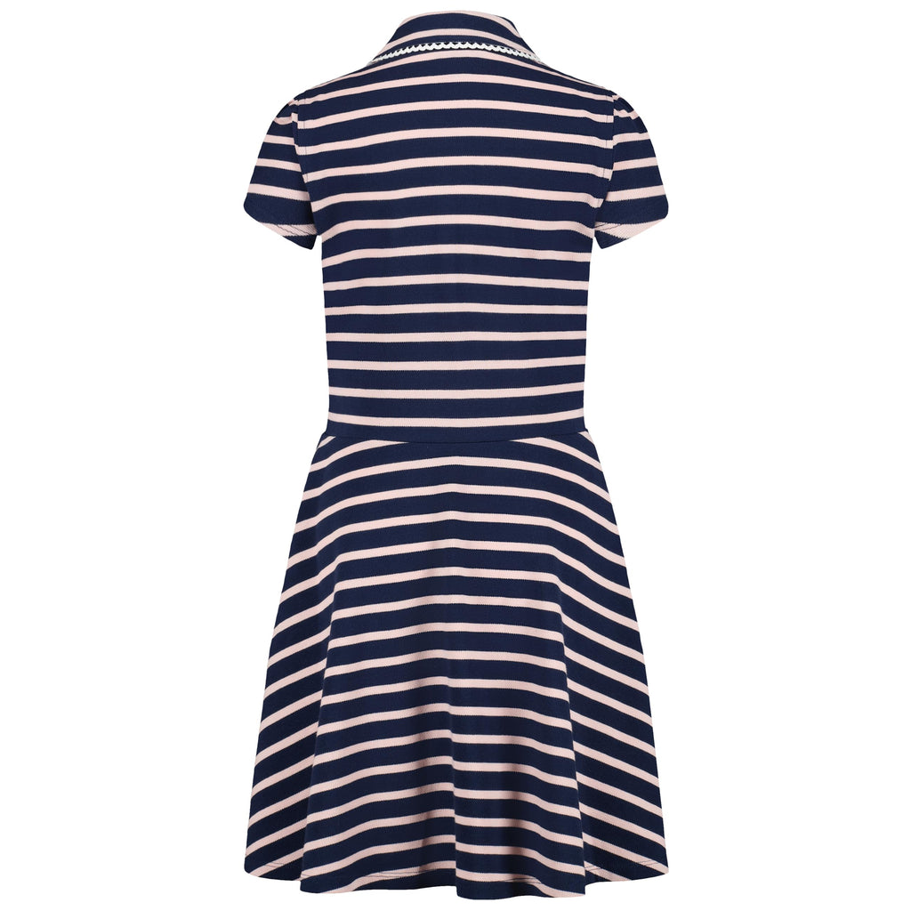 Tommy Hilfiger Vestido Polo Piqué Niña | Rayas Breton Navy/Rosa • Cuello Polo Ribete Picot • Falda Plisada