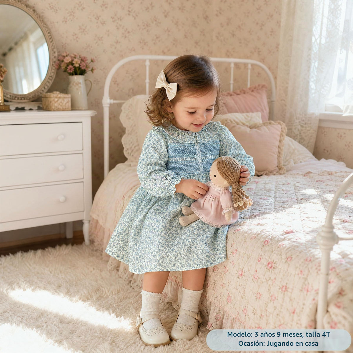 Vestido de Manga Larga 100% Algodón con Cuello con Volantes y Estampado Floral para Niña (12M - 8T)