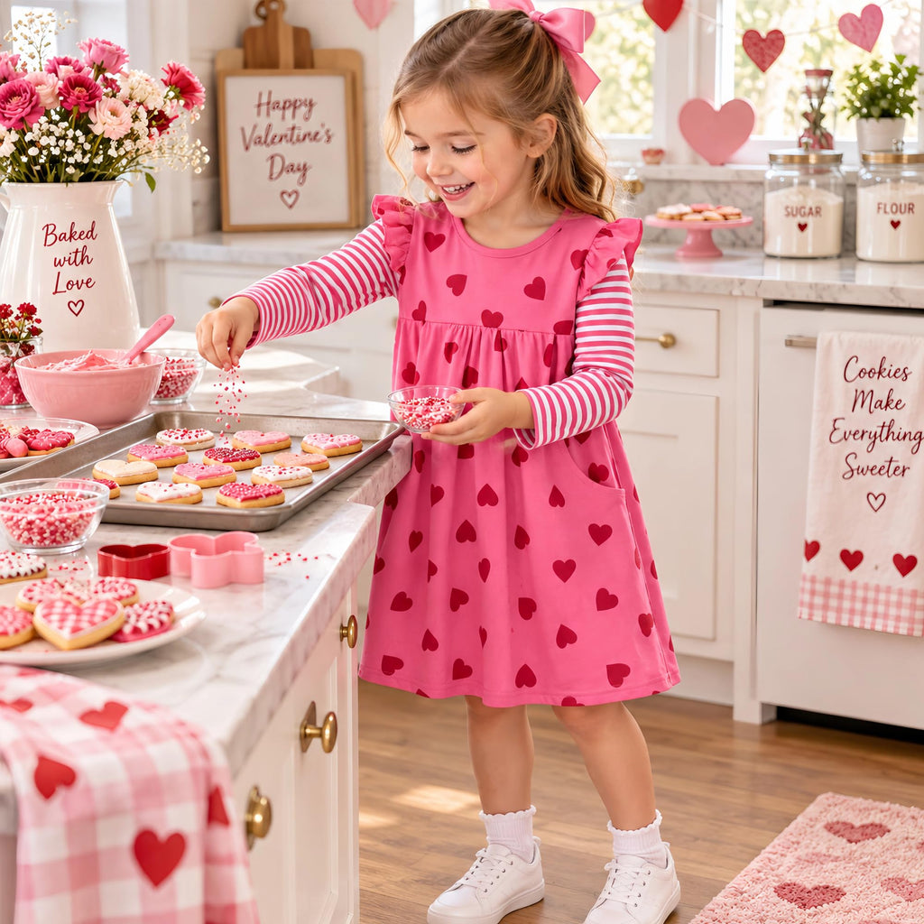 Vestido Niña | Algodón + All-Over Corazones Rojos + Manga Flutter Rayas Fucsia/Blanco + Bolsillos | Fucsia (3T - 8T)