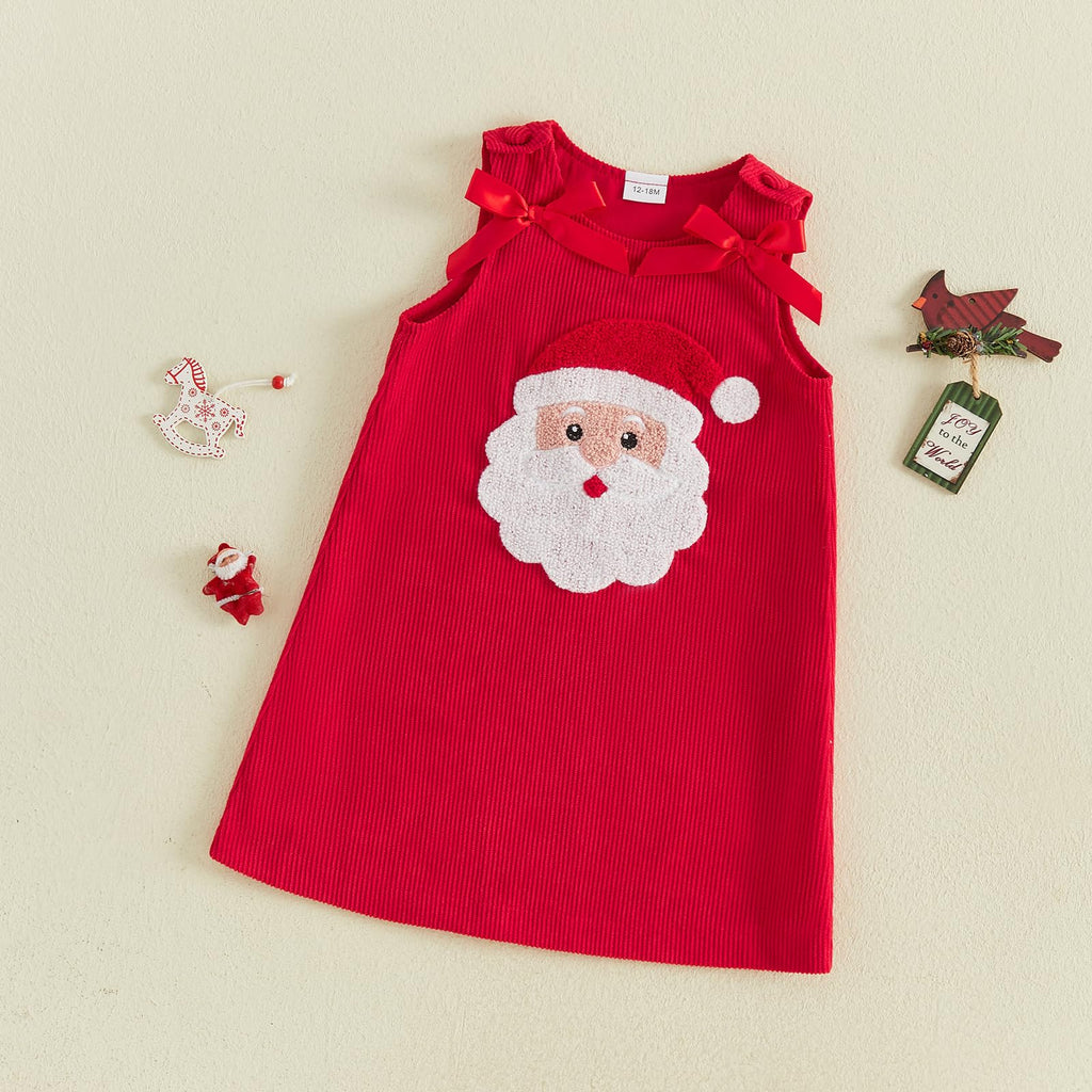 Santa Face Rojo | Vestido Pana Roja Nina Sin Mangas + Cuello Redondo + Aplicacion Papa Noel 3D + Lazos