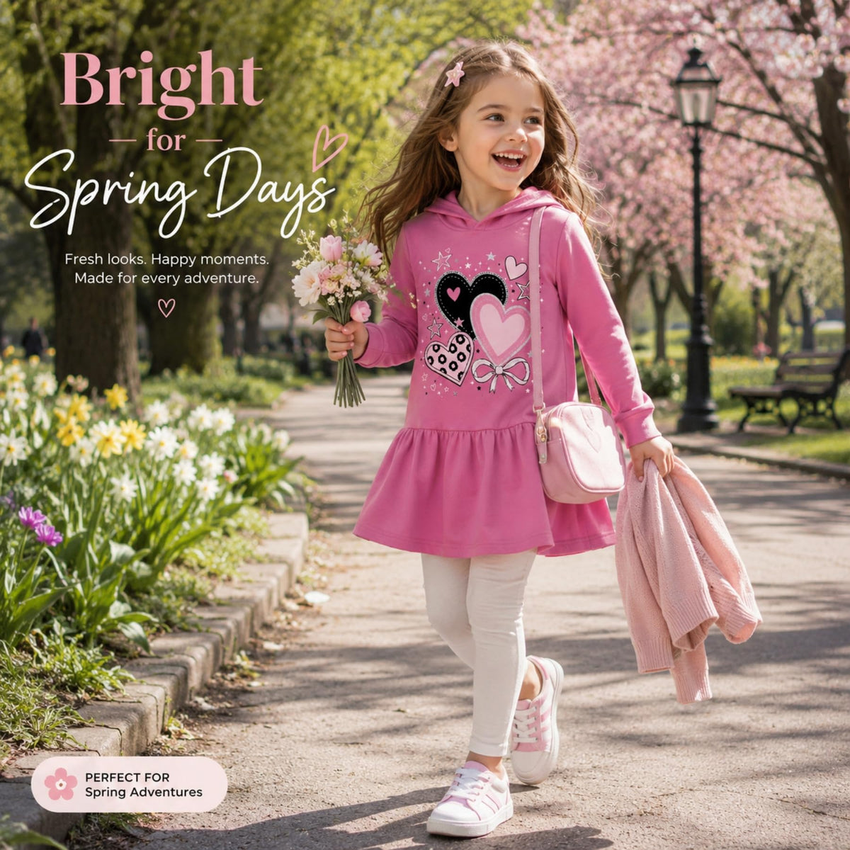 Vestido Hoodie de Corazones para Niñas – Manga Larga Rosa Fucsia con Volante, Algodón (3 - 12T)