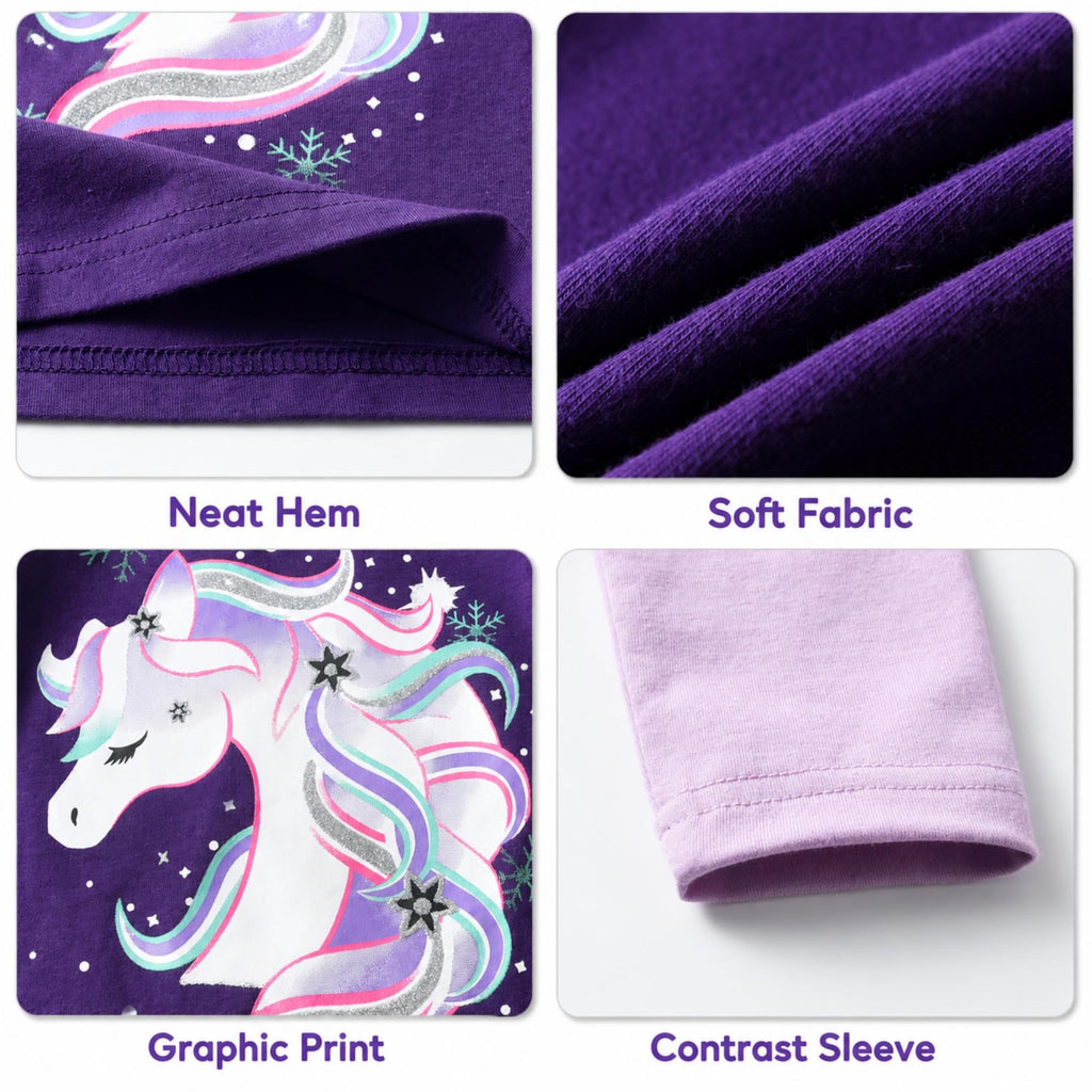 Top de Manga Larga con Unicornio Invernal para Niñas – Morado con Mangas Lila Estampadas, Algodón (2-12 Años )