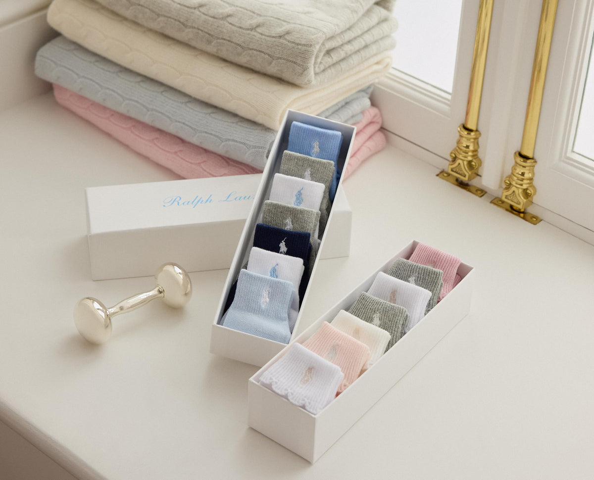 Polo Ralph Lauren | Calcetines Bebé Niña Pack 7 Algodón Pony Bordado Stay-Up Caja Regalo Rosa Gris Blanco Crema 0-24 Meses