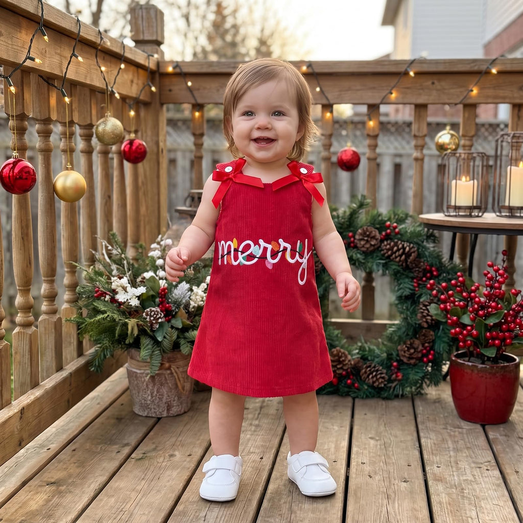 Merry Lights Red Girl | Vestido Pana Roja Niña — Sin Mangas + Cuello V Rojo + Bordado “merry” + Luces Navideñas + Lazos Rojos