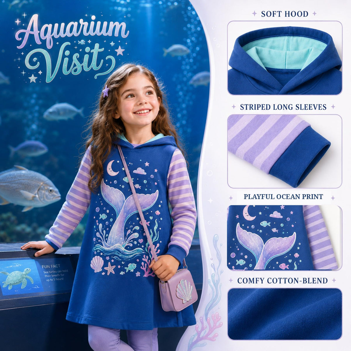 Vestido Hoodie de Sirena para Niñas – Manga Larga Azul con Rayas Lila, Algodón (3 - 12T)