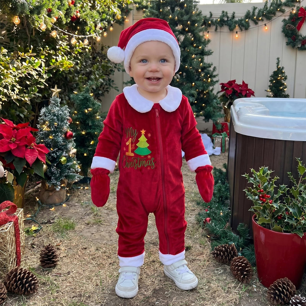 My 1st Christmas Velvet Romper | Mameluco Terciopelo Rojo Bebé — Cremallera + Bordado + Gorro Papa Noel + Manoplas
