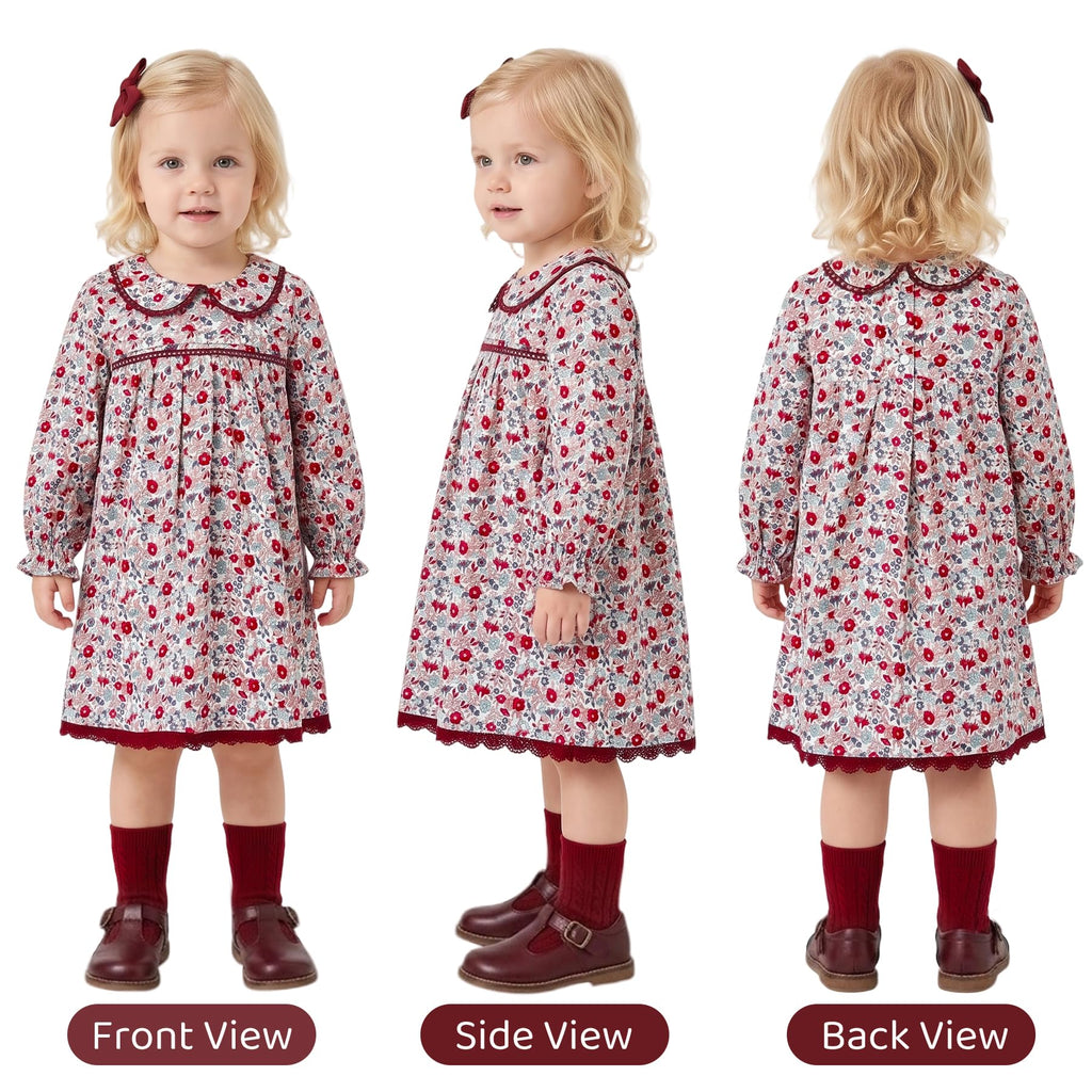 Vestido de Manga Larga 100% Algodón con Cuello con Volantes y Estampado Floral en Tonos Rojos y Vino para Niña (B-berry Vino) (18M - 3T)