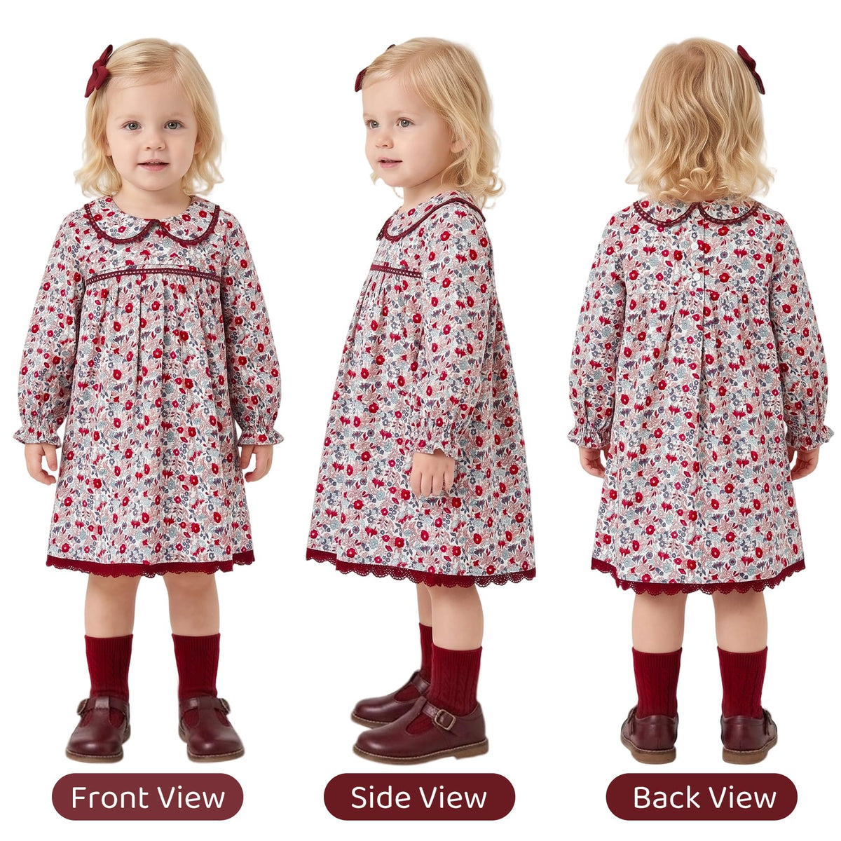 Vestido de Manga Larga 100% Algodón con Cuello con Volantes y Estampado Floral en Tonos Rojos y Vino para Niña (B-berry Vino) (18M - 3T)