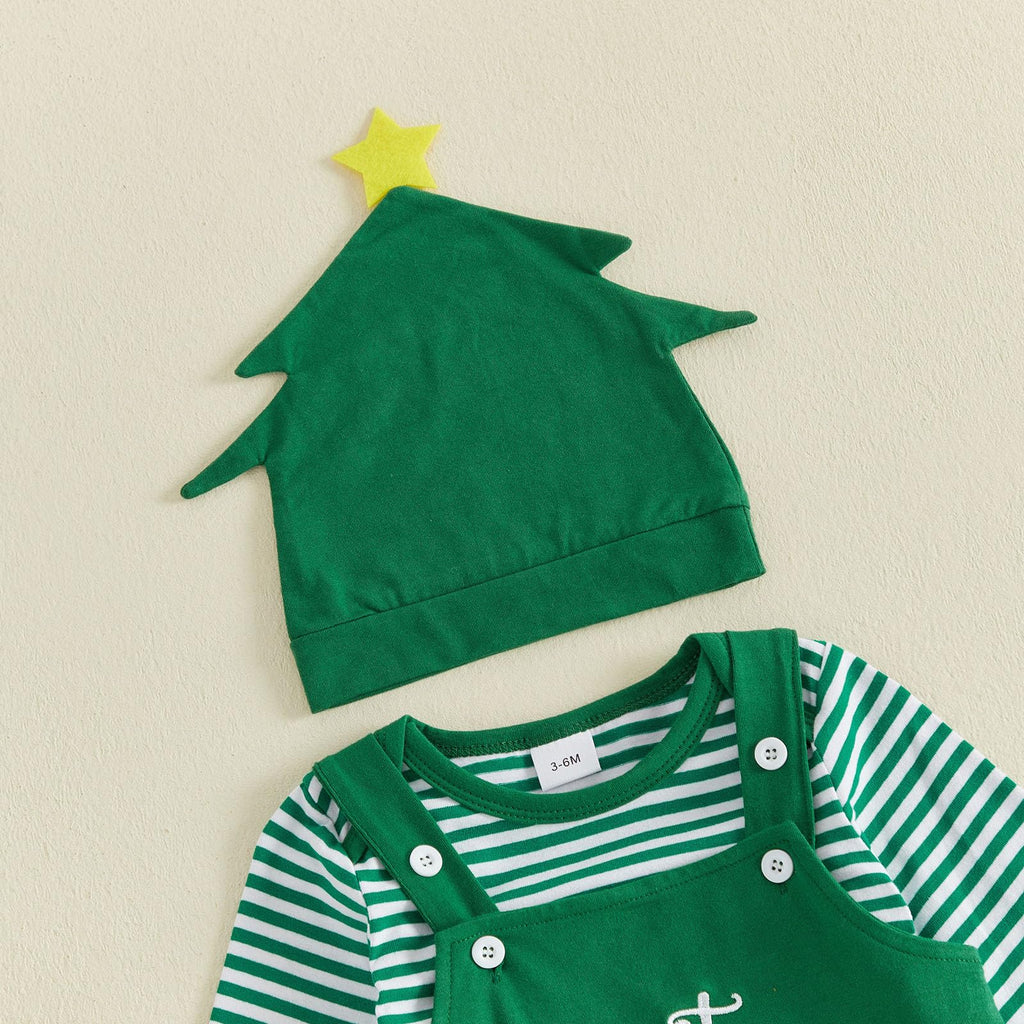 My 1st Christmas Arbolito | Conjunto Bebé Niño Mameluco Rayas Verde + Peto + Gorro Arbolito