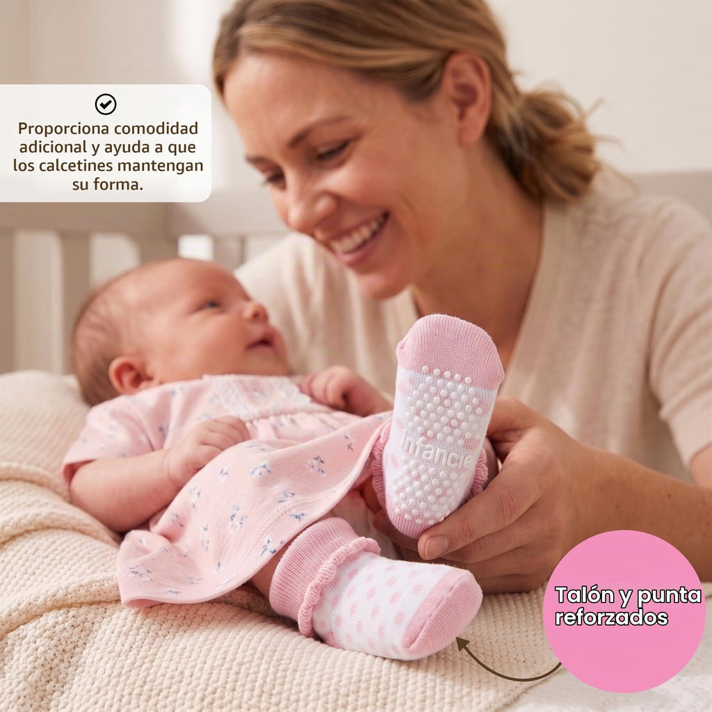 infancie | Calcetines Bebé Niña Pack 12 Algodón Orgánico GOTS Antideslizante Estampados Rosa 0-12 Meses