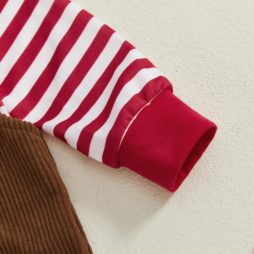 Gingerbread Pudding Boy Set | Conjunto 3 Piezas Bebé — Body Rayas Rojo + Overol Pana Café + Moño Rojo + Gorro Pudding