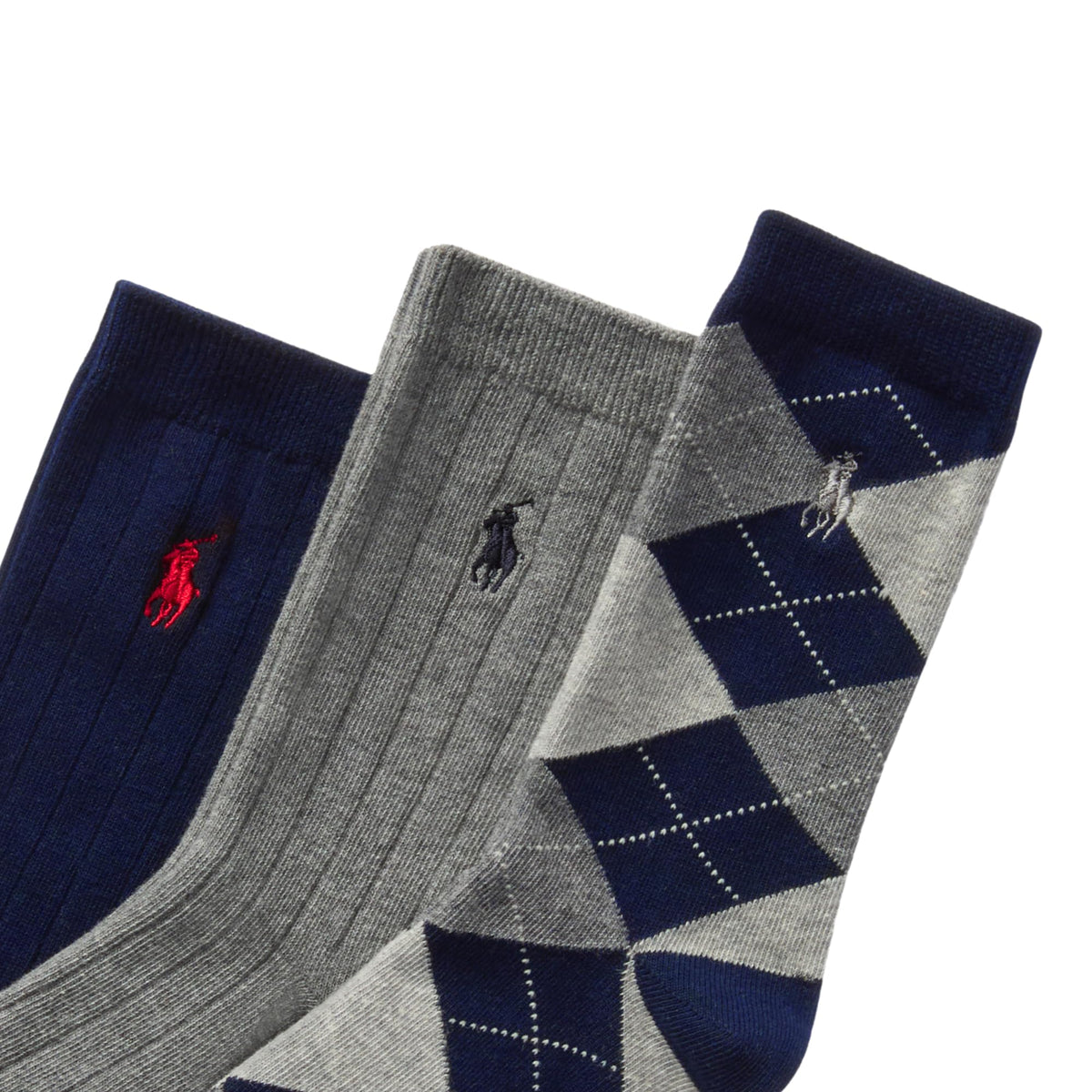 Polo Ralph Lauren | Calcetines Niño Pack 3 Algodón Canalé Argyle Marino Gris Surtido Pony