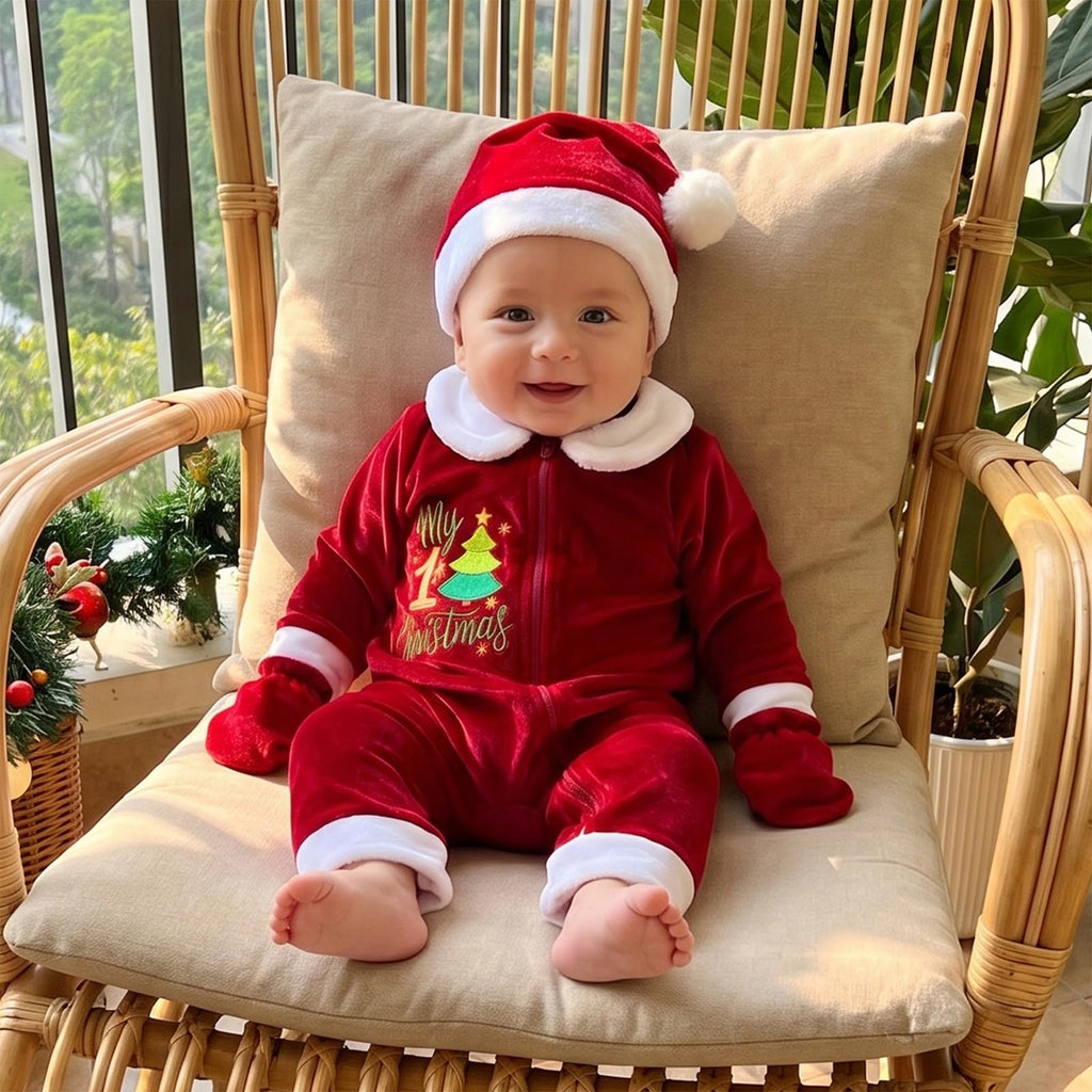 My 1st Christmas Velvet Romper | Mameluco Terciopelo Rojo Bebé — Cremallera + Bordado + Gorro Papa Noel + Manoplas