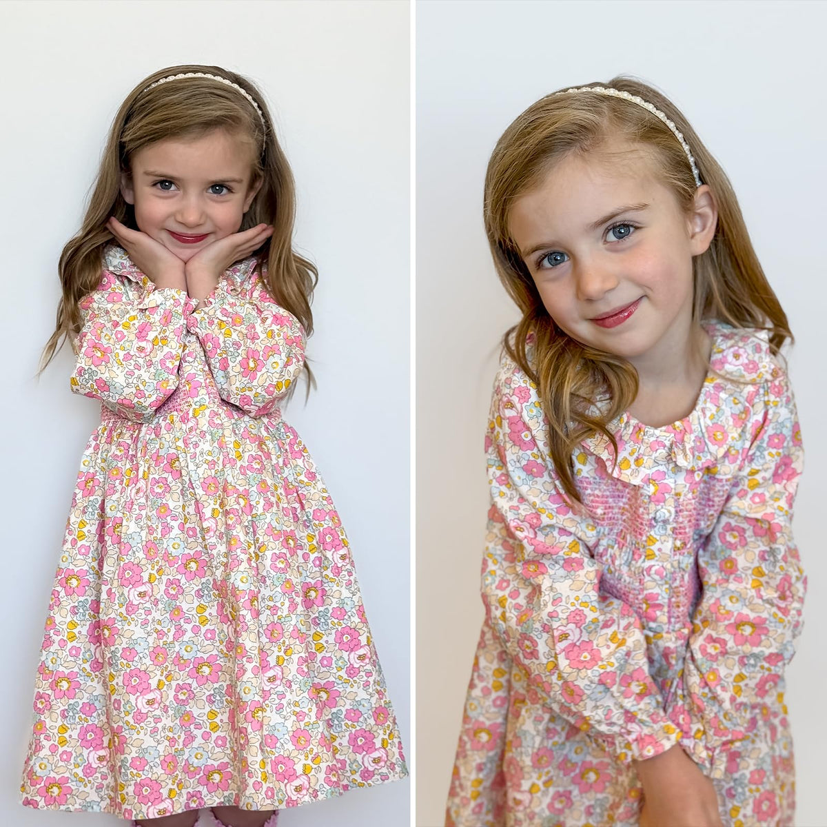 Vestido de Manga Larga 100% Algodón con Cuello con Volantes y Estampado Floral Rosa Brillante para Niña (K-rosado) (12M - 3T)