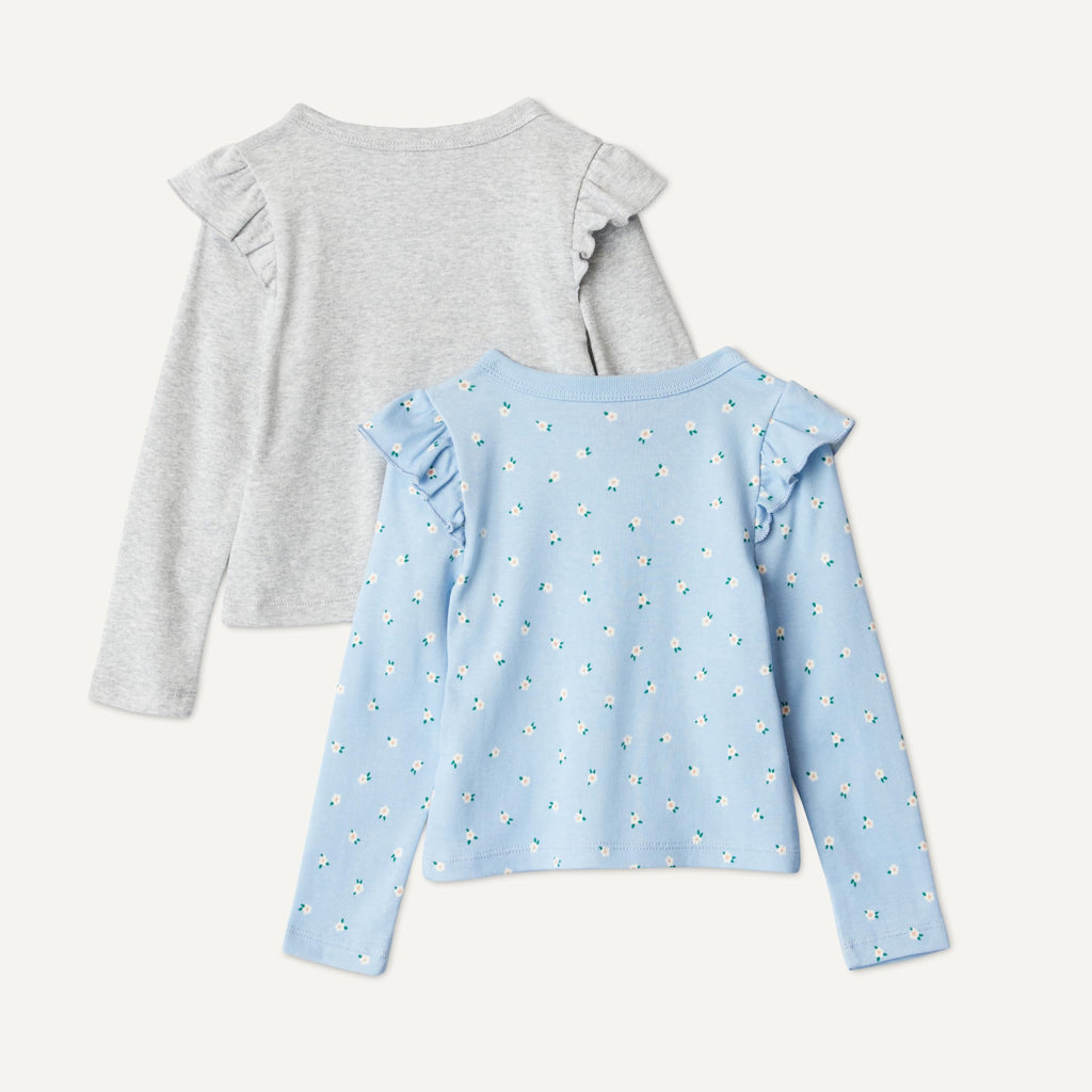 Amazon Essentials Pack x2 Camisetas Niña | Gris + Celeste Floral • Manga Larga con Volantes