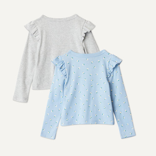 Amazon Essentials Pack x2 Camisetas Niña | Gris + Celeste Floral • Manga Larga con Volantes