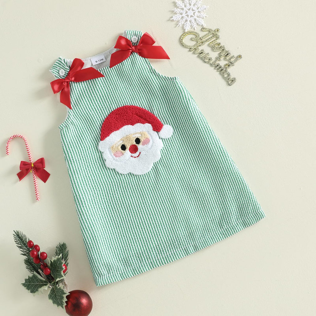 Santa Seersucker Green Girl | Vestido Rayas Verde/Blanco Niña — Sin Mangas + Cuello Redondo + Aplicación Papa Noel 3D + Lazos Rojos