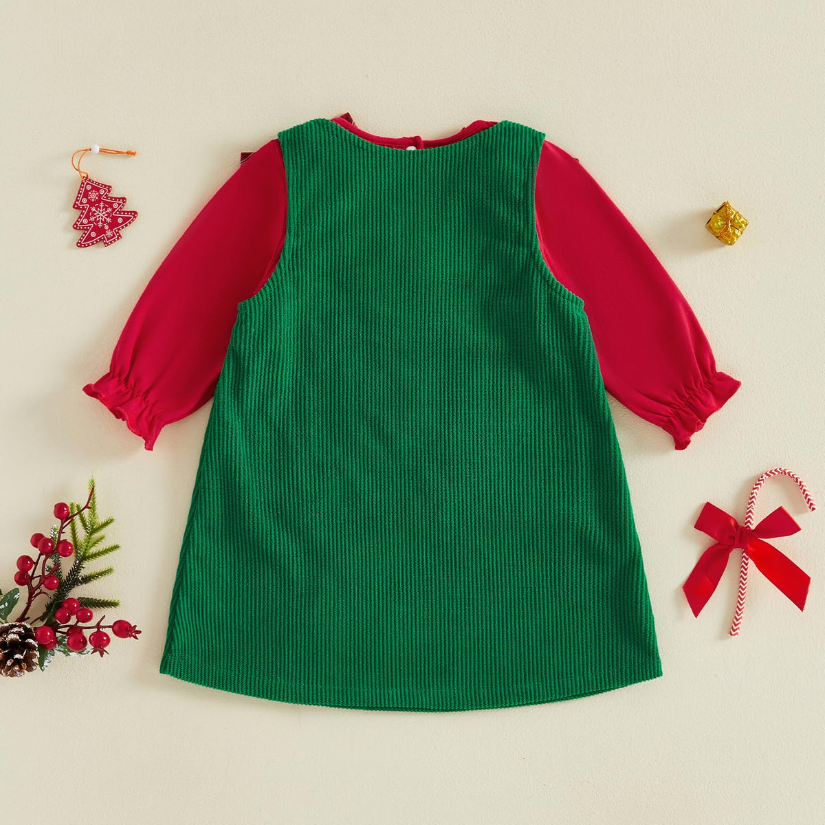 Joy to the World Girl Set | Conjunto 2 Piezas Niña — Blusa Roja Volantes + Vestido Pana Verde + JOY Bordado + Moños Cuadros