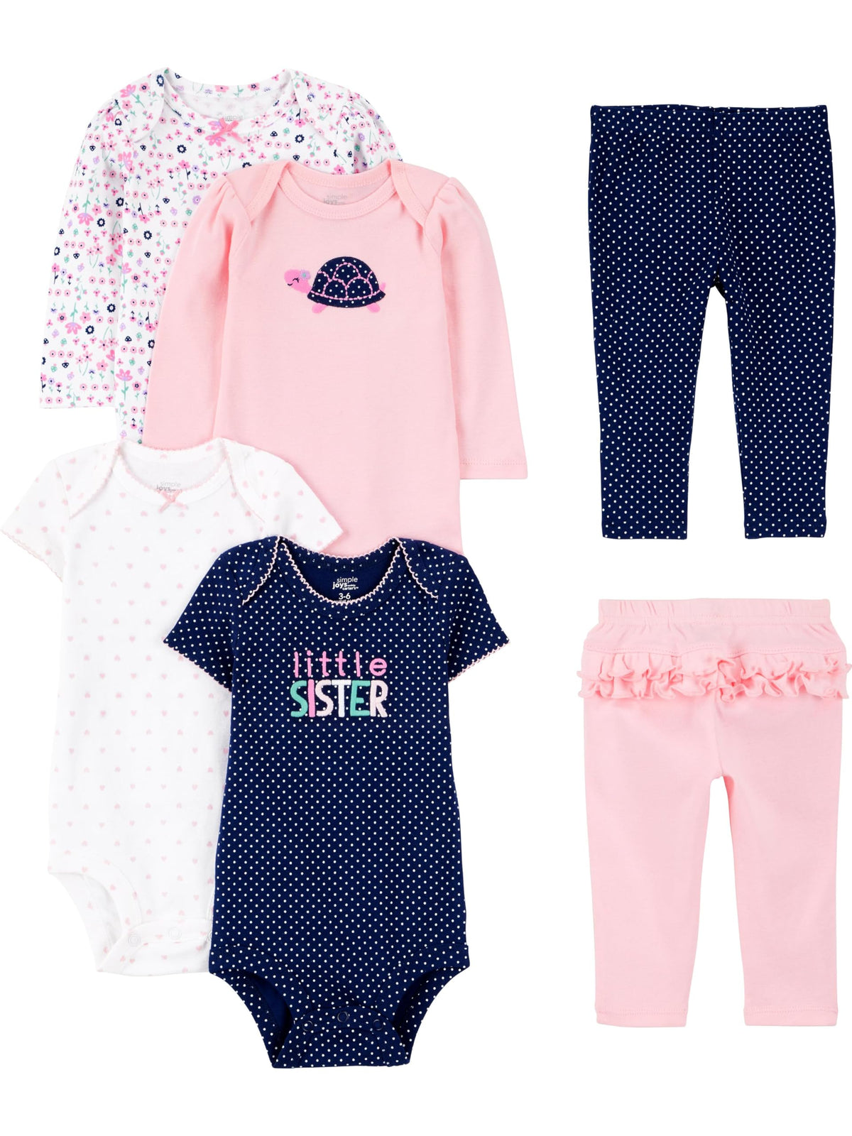 Set de 6 Piezas Simple Joys by Carter's – Bodis Manga Corta, Manga Larga y Pantalones para Bebé Niña