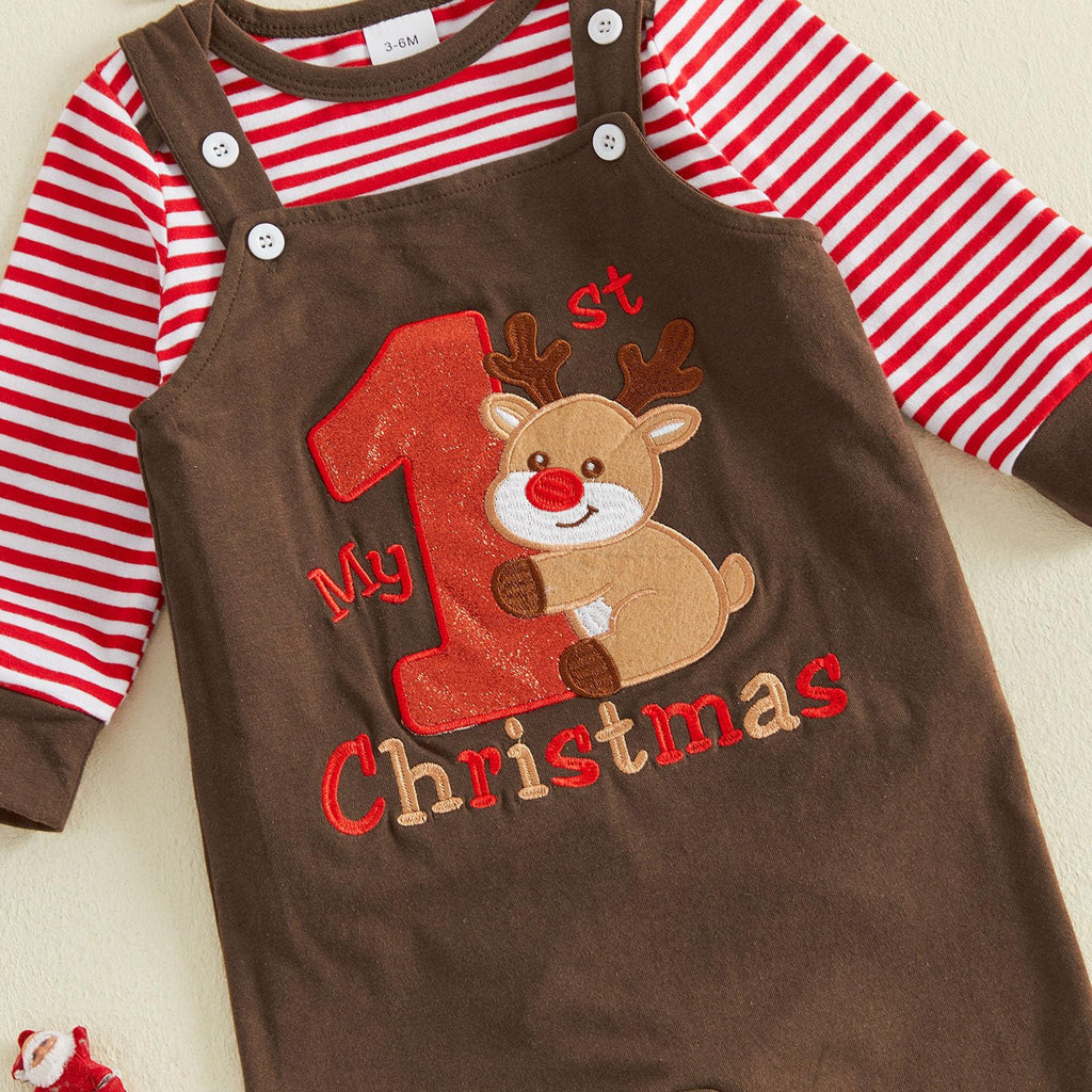 My 1st Christmas Reno | Conjunto Bebé Niño Mameluco Rayas Rojo + Peto Café + Gorro Reno
