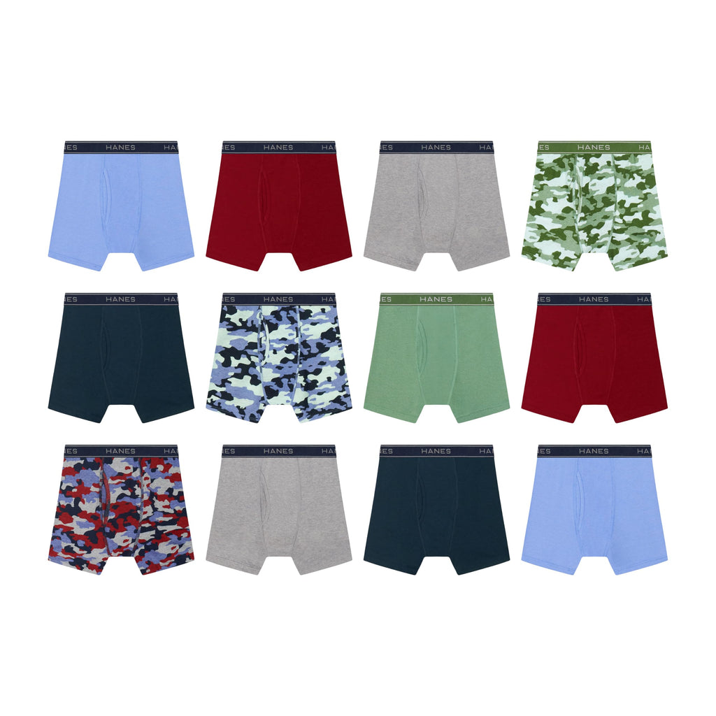 Hanes | Bóxers Niño Grande Pack 12 Algodón Absorbente Camo Rojo Azul Salvia Comfort Flex (6T - 16T)