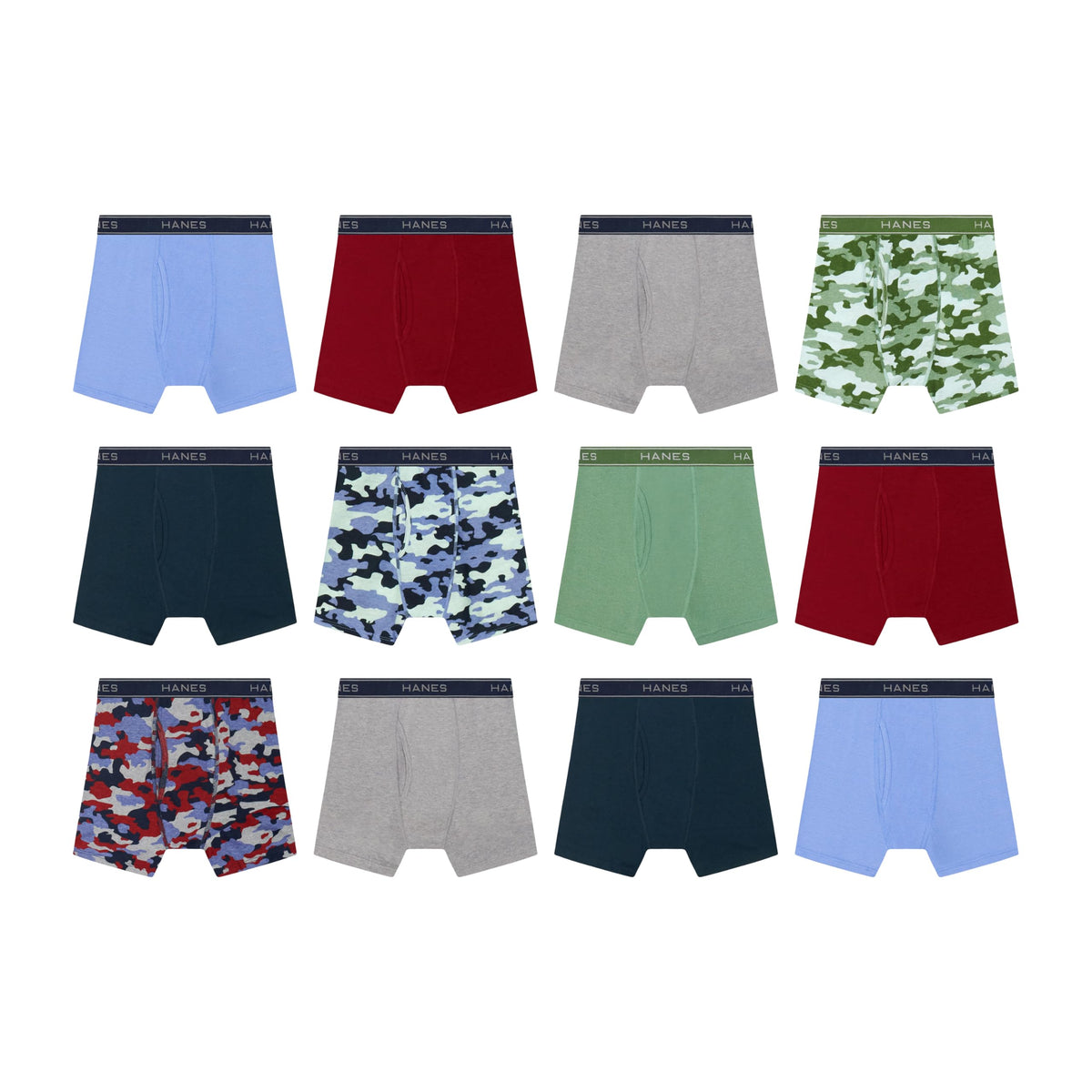 Hanes | Bóxers Niño Grande Pack 12 Algodón Absorbente Camo Rojo Azul Salvia Comfort Flex (6T - 16T)