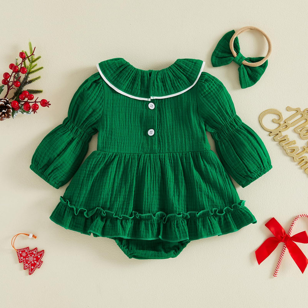 Christmas Tree Smocked Romper | Mameluco Vestido Verde Bebé Niña — Cuello Muñeca + Mangas Abombadas + Árboles Bordados + Diadema
