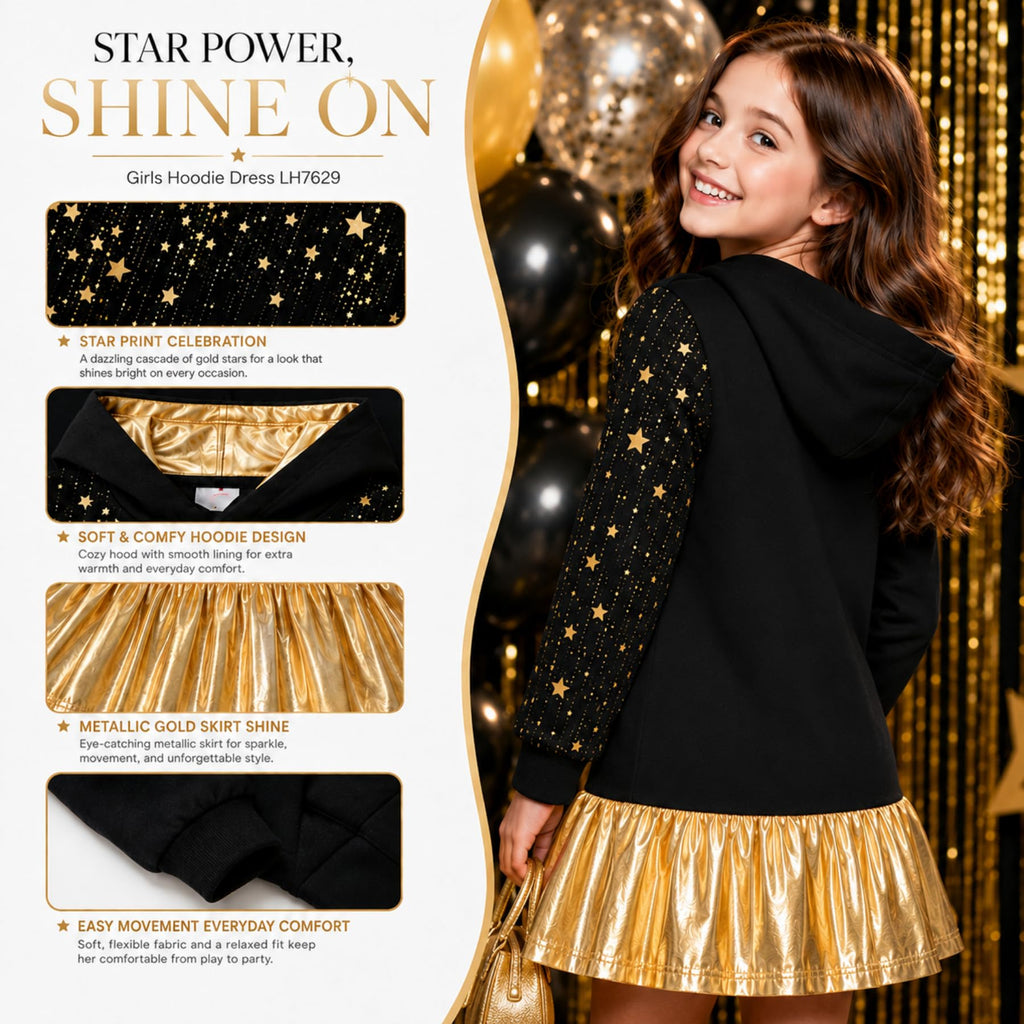 Vestido Nina con Capucha Manga Larga | 95% Algodon 5% Poliester | Cuerpo Negro Estrellas Doradas + Lluvia de Brillantes | Falda Metalica Dorada con Vuelo | Lazo Dorado en Cadera | Forro Capucha Dorado | Negro + Dorado (3 - 12T)