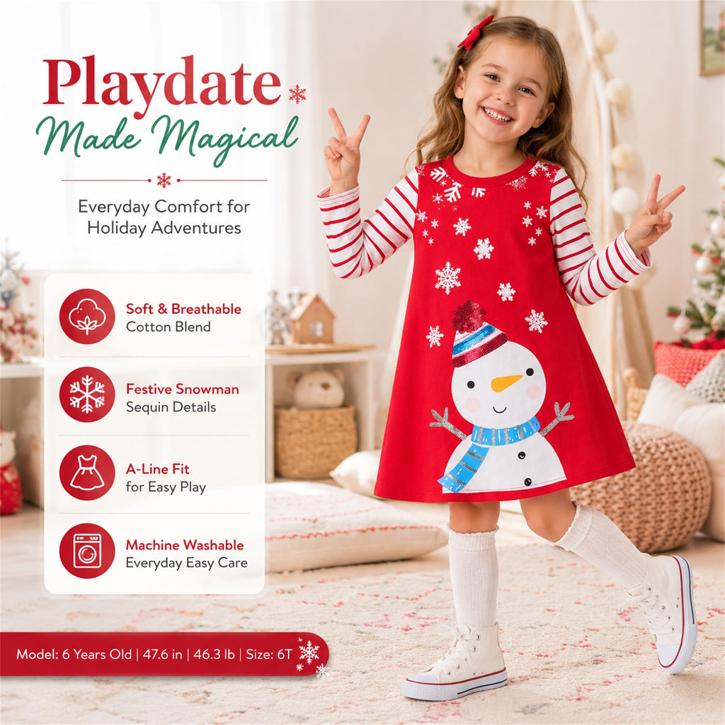 Vestido Navideño de Muñeco de Nieve para Niñas – Manga Larga a Rayas con Lentejuelas, Algodón (3 - 12T)