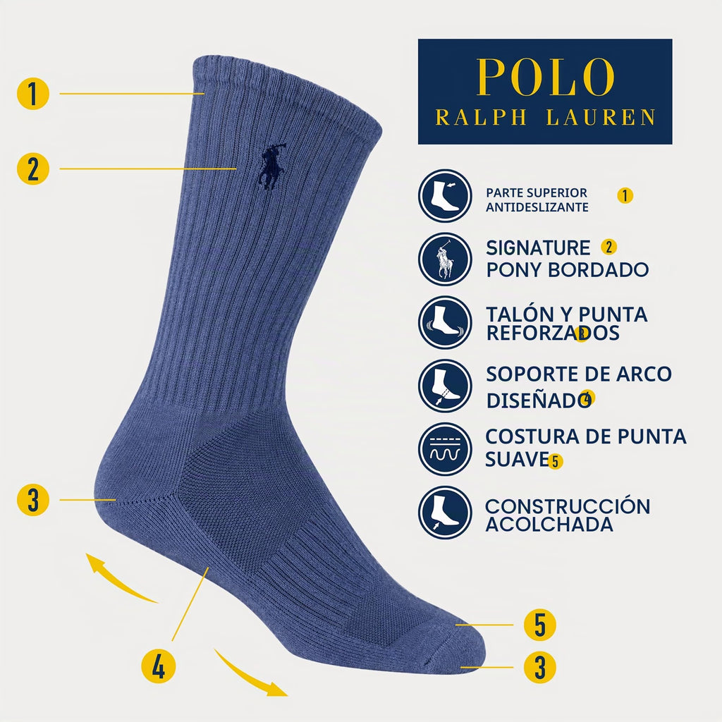 Polo Ralph Lauren | Calcetines Niño Pack 6 Algodón Azul Marino Gris Celeste Denim Surtido Pony