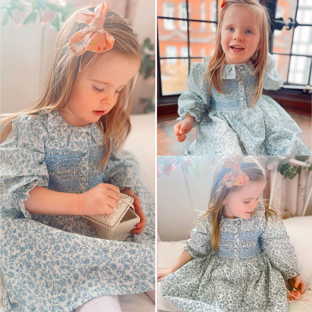 Vestido de Manga Larga 100% Algodón con Cuello con Volantes y Estampado Floral para Niña (12M - 8T)