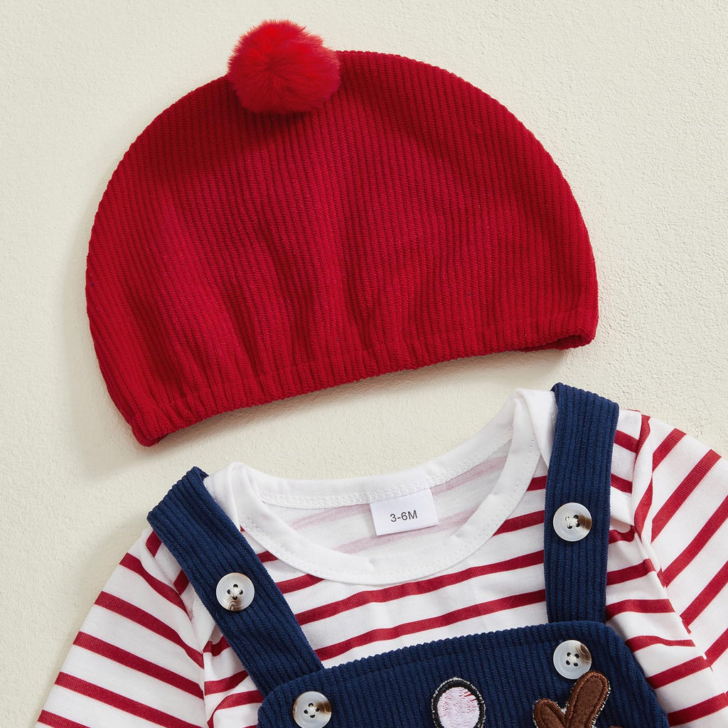 Rudolph Navy Newborn Set | Conjunto 3 Piezas Bebé — Body Rayas Rojo + Overol Azul Marino + Reno Navideño + Gorro Tejido