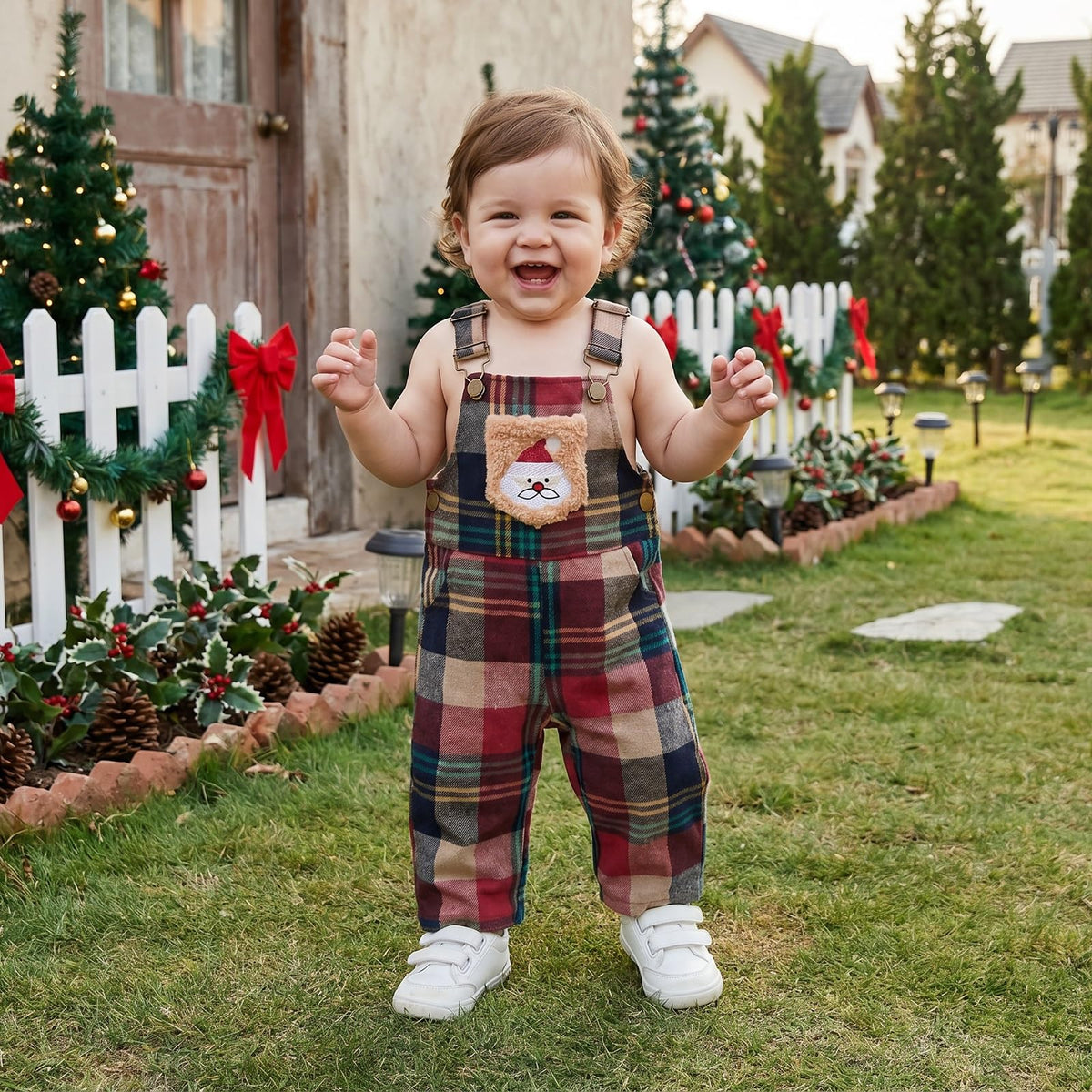 Santa Plaid Overol Navideño Niño | Peto Cuadros Rojo/Navy + Papa Noel Bordado + Tirantes Ajustables — Bebé y Niño