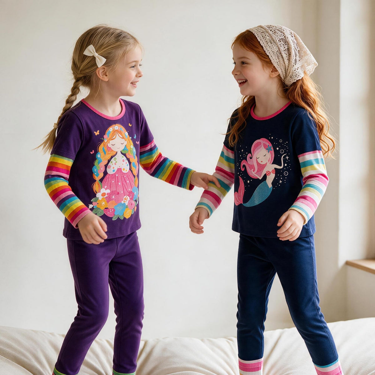 Top de Manga Larga con Princesa para Niñas – Morado con Rayas Arcoíris, Algodón (2-12 Años )