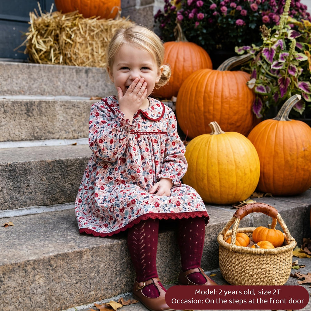 Vestido de Manga Larga 100% Algodón con Cuello con Volantes y Estampado Floral en Tonos Rojos y Vino para Niña (B-berry Vino) (18M - 3T)