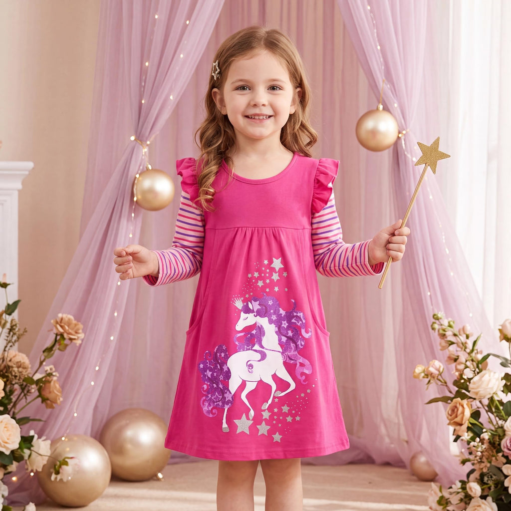 Vestido Niña DXTON | 95% Algodón + Unicornio Galáctico Melena Morada + Estrellas Glitter + Bolsillos | Fucsia/Rosa (3-8 Años)