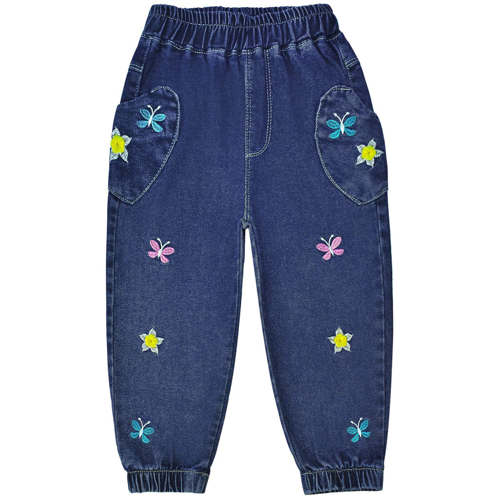 Conjunto 2 Piezas para Niña: Suéter Arcoíris Trenzado con Flores 3D Plumeria y Jeans Jogger con Mariposas y Flores Bordadas