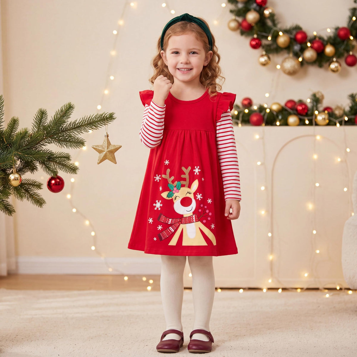 Vestido Niña | Algodón + Reno Rudolph Nariz Roja + Cuernos Dorados + Copos Nieve | Rojo/Blanco Navidad Flutter (3T - 8T)